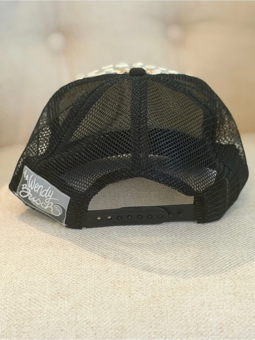 No Rain No Flowers Hand Made, Hand Painted Trucker Hat - Black & Gray Floral